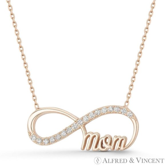 Infinity Charm CZ Crystal Pave & Cursive "Mom" Pendant in .925 Sterling Silver - Picture 1 of 1